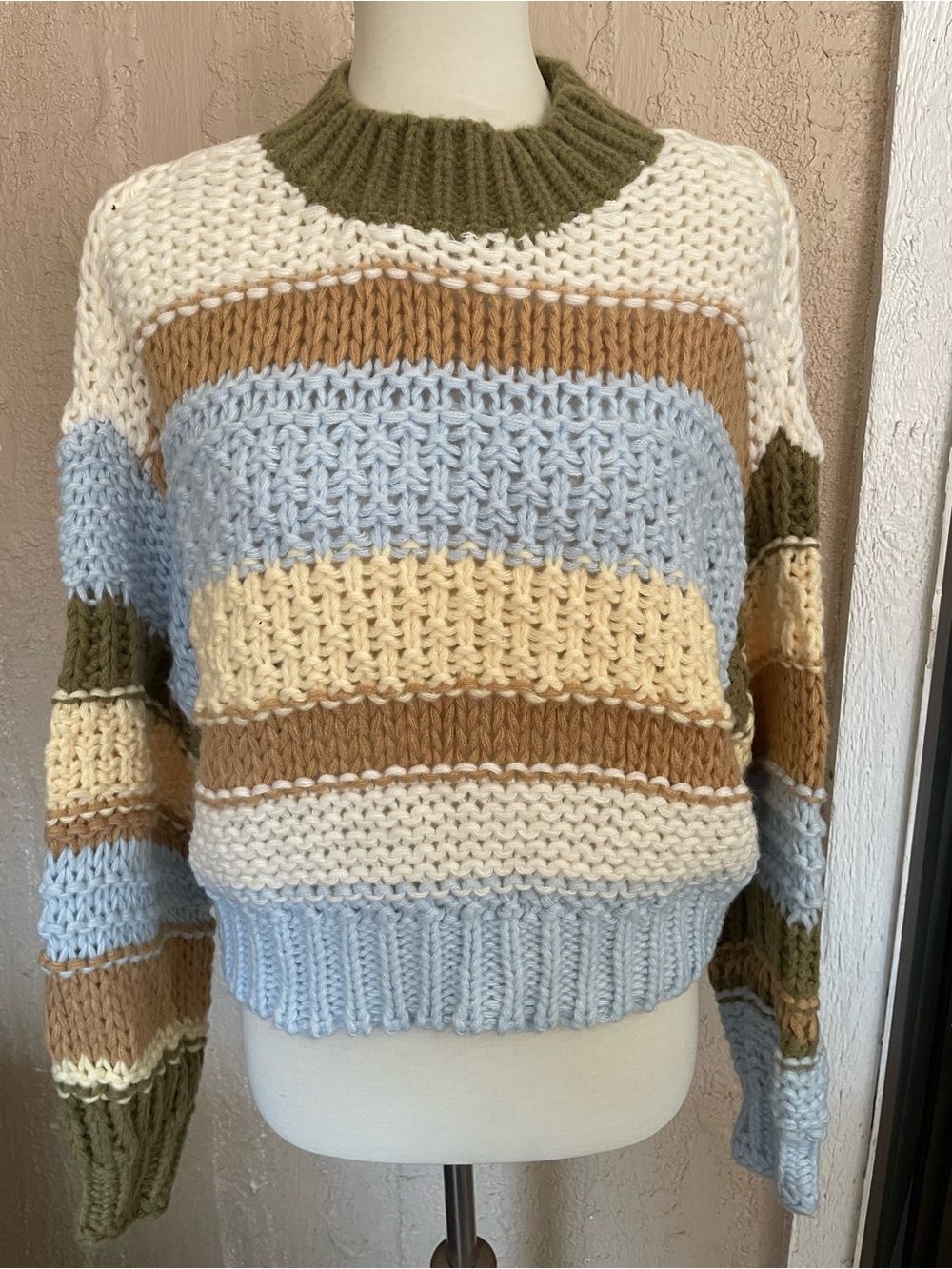 BiBi Multicolor Striped Crewneck Sweater in Cream, Blue, Tan & Olive